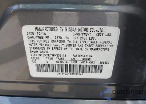 2015 Infiniti Q50 Premium/Sport from USA, damaged, VIN JN1BV7AP3FM333148